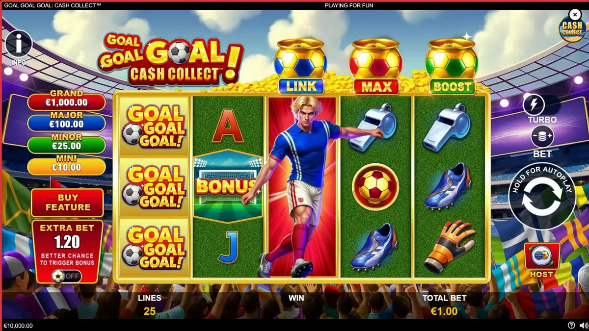 Tampilan visual slot Goal Goal Goal: Cash Collect dengan tema stadion sepak bola