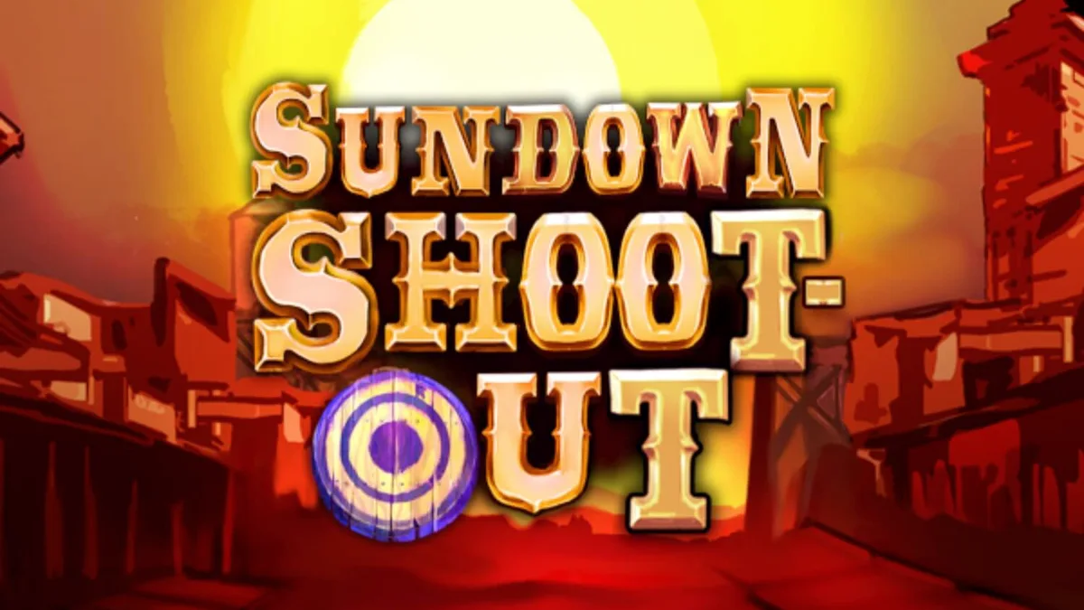 Pemandangan gurun Wild West dengan simbol revolver dan mawar liar dalam slot Sundown Shootout